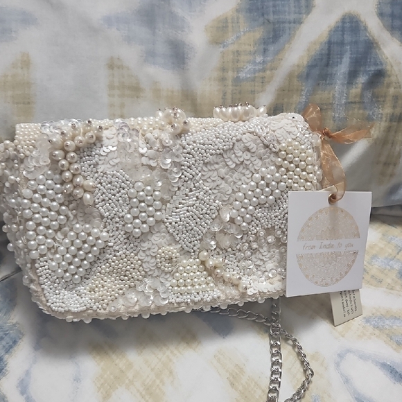 Pearl Embellished Clutch with Chain Strap